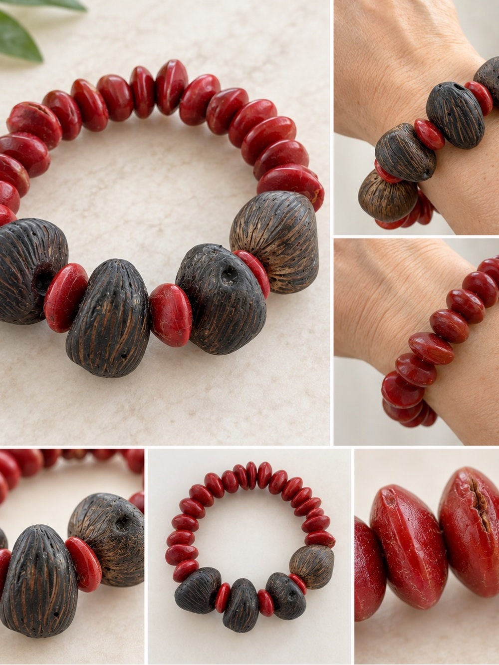 Red & Dark Wood Beaded Stretch Bracelet Boho Statement Jewelry